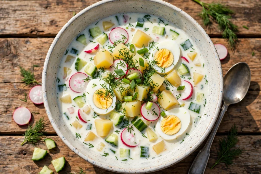 Okroschka Suppe Rezept – russische kalte Kefir-Suppe mit Gurke, Radieschen, Ei und Dill in einer Schale