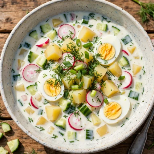 Okroschka Suppe Rezept – russische kalte Kefir-Suppe mit Gurke, Radieschen, Ei und Dill in einer Schale