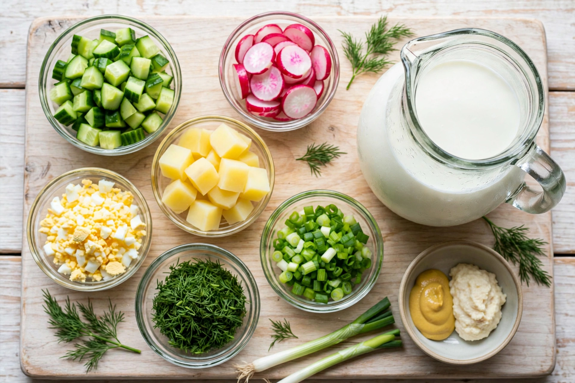 Okroschka Suppe Rezept – alle Zutaten im Überblick: Gurke, Radieschen, Kartoffeln, Eier, Dill, Kefir und Wurst