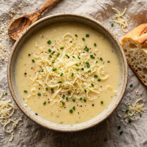 Parmesan Suppe Rezept – cremige Parmesansuppe mit Parmesanspänen und Schnittlauch in rustikaler Schale, dazu knuspriges Brot