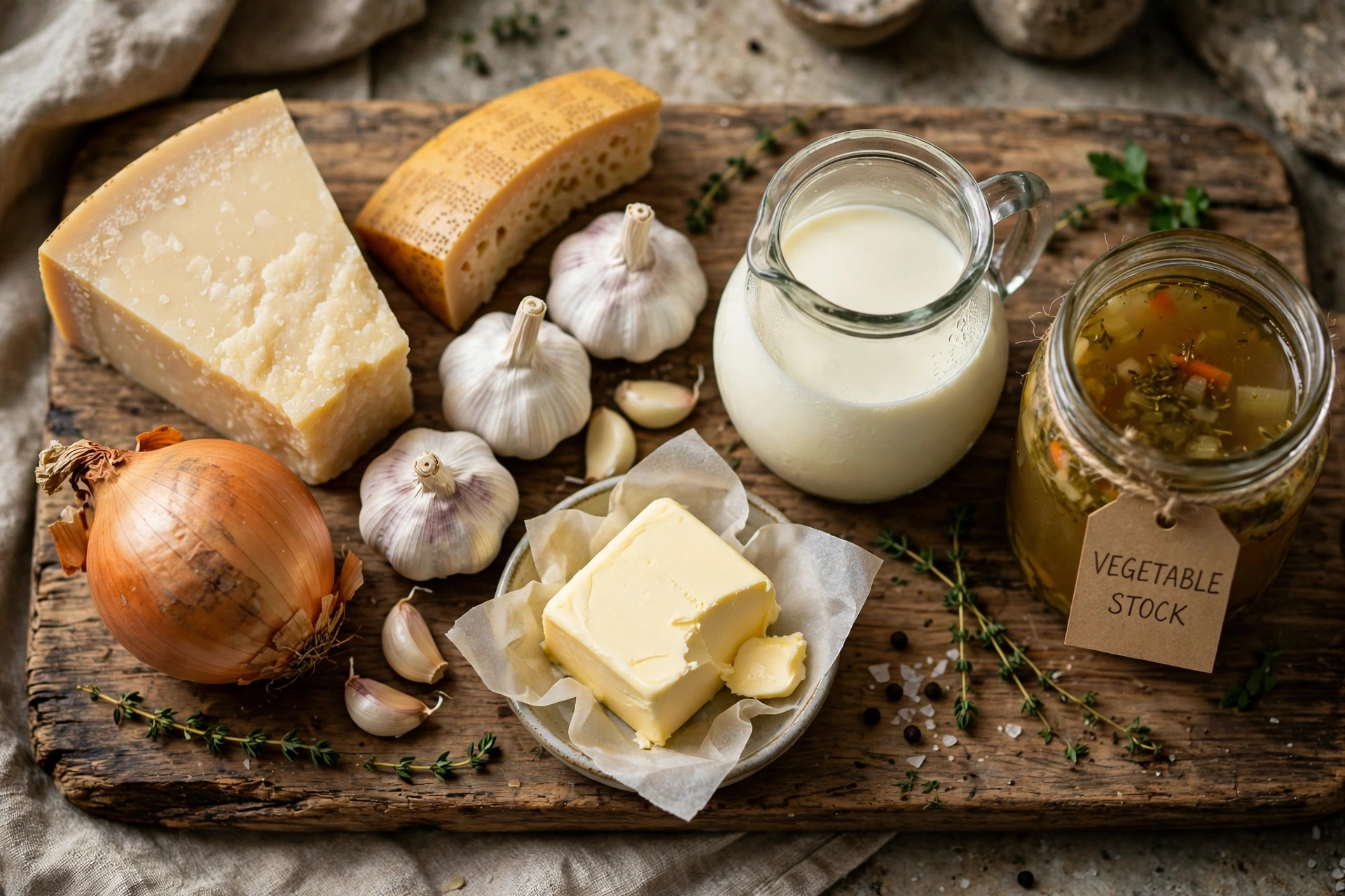 Parmesan Suppe Rezept – Zutaten im Überblick: Parmesan, Parmesanrinde, Zwiebel, Knoblauch, Butter, Sahne und Gemüsebrühe auf einem Holzbrett