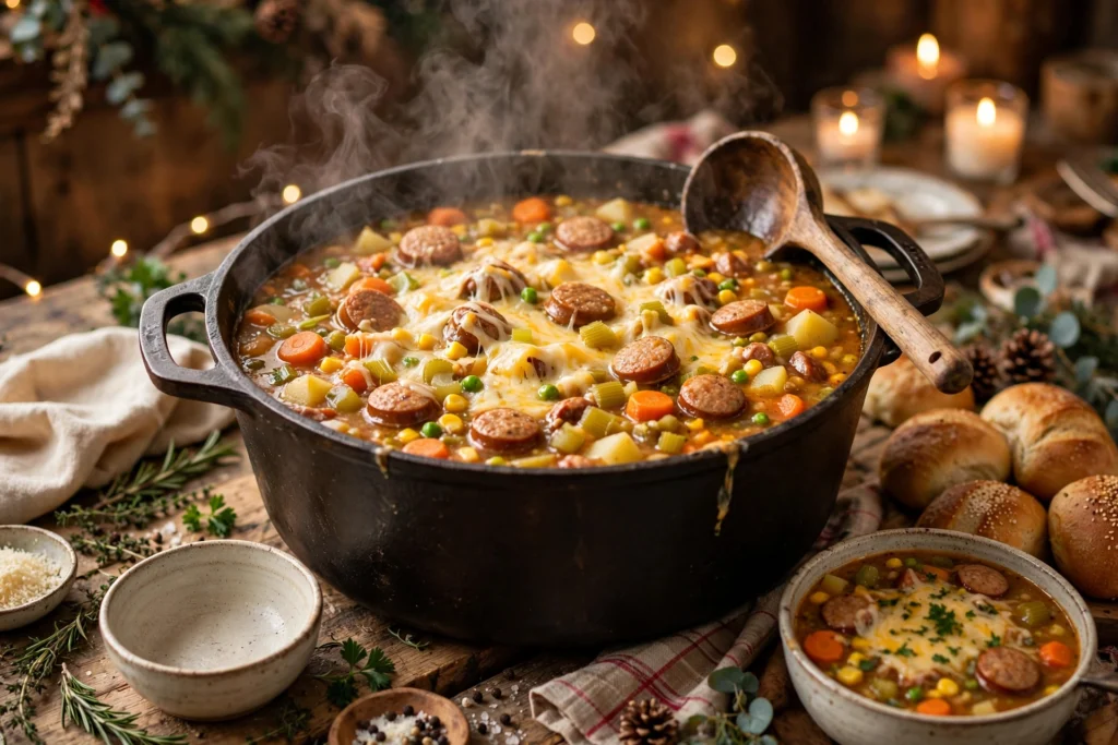 party suppe rezept – Festliche Partysuppe mit Wurst, Gemüse und Käse auf einem Partybuffet