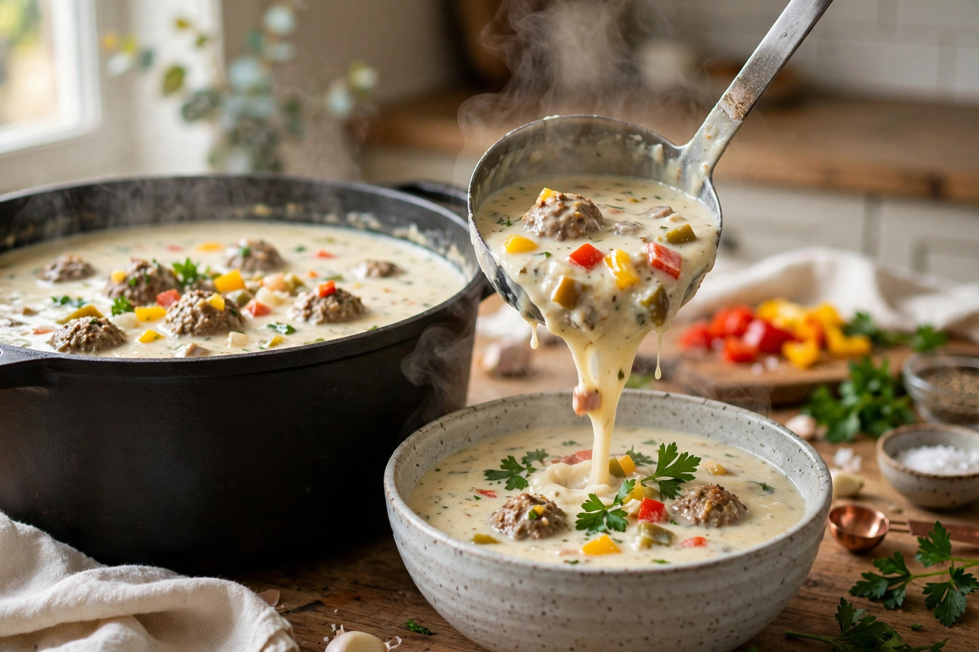 party suppe rezept – Partysuppe wird aus einem großen Topf in eine Schüssel geschöpft