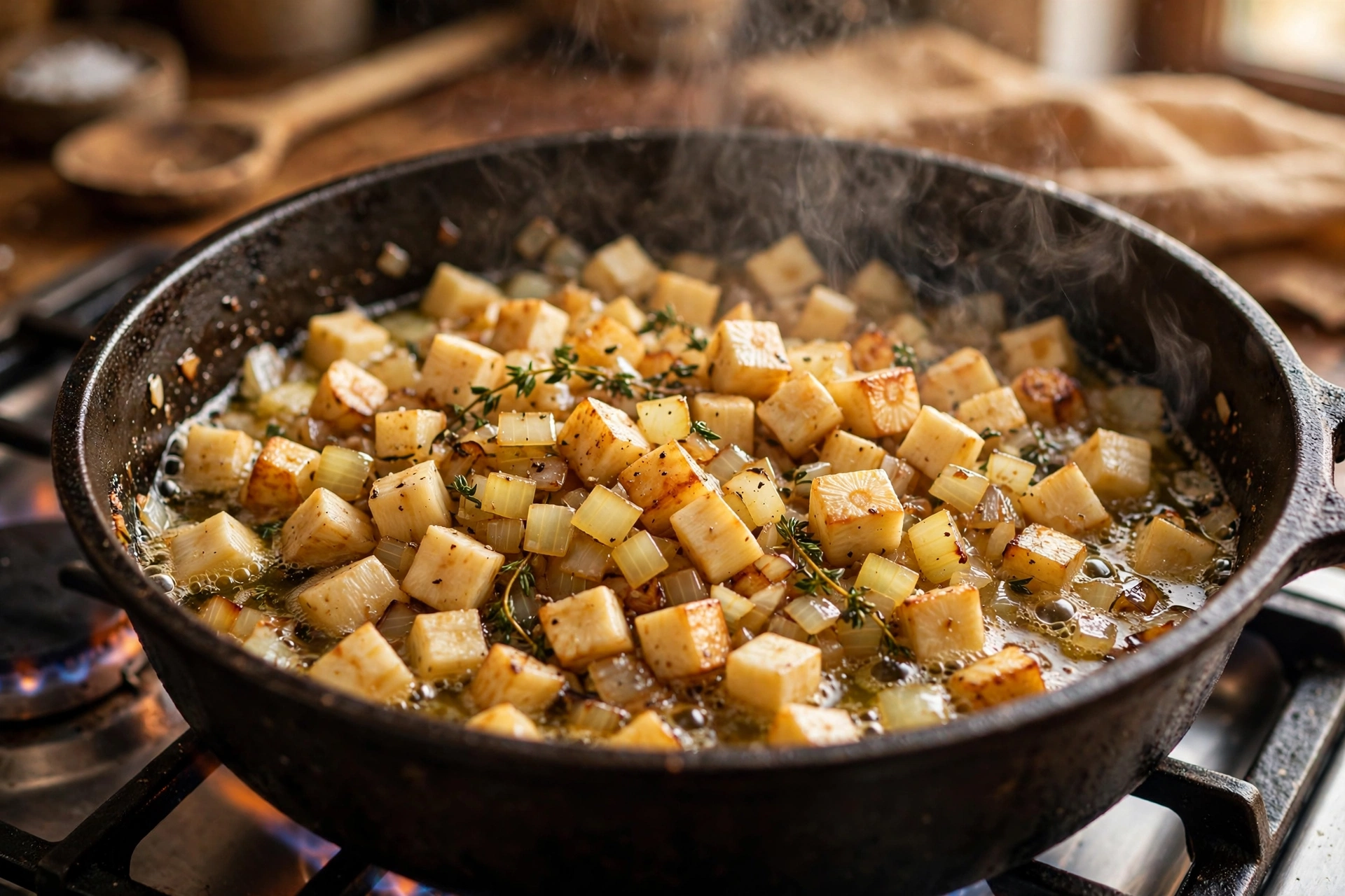 Pastinaken Suppe Rezept – gewürfelte Pastinaken und Zwiebeln werden in Butter im Topf angeschwitzt