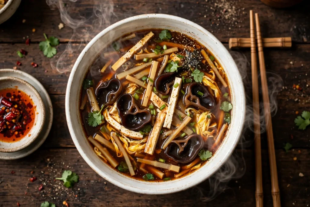 Peking Suppe Rezept – dampfende sauer-scharfe Suppe mit Tofu, Bambussprossen, Mu-Err-Pilzen und Eifäden in weißer Schüssel auf dunklem Holztisch