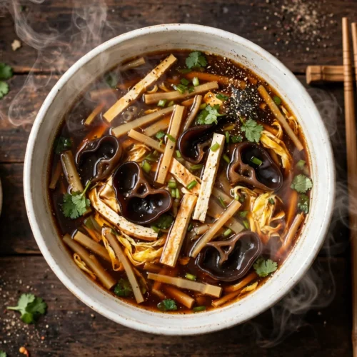 Peking Suppe Rezept – dampfende sauer-scharfe Suppe mit Tofu, Bambussprossen, Mu-Err-Pilzen und Eifäden in weißer Schüssel auf dunklem Holztisch