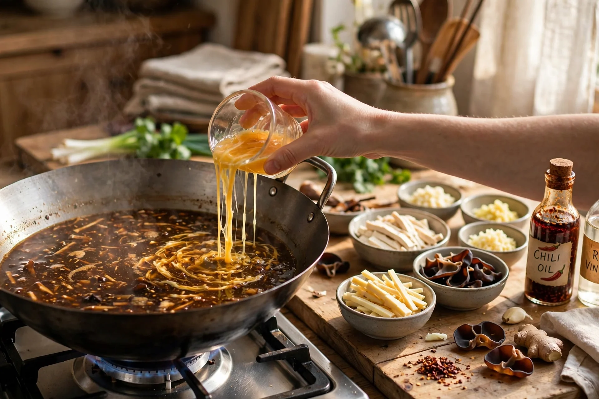 Peking Suppe Rezept – Zubereitung: Bambussprossen, Mu-Err-Pilze und Tofu werden für die sauer-scharfe Suppe vorbereitet, Ingwer und Chiliöl bereit