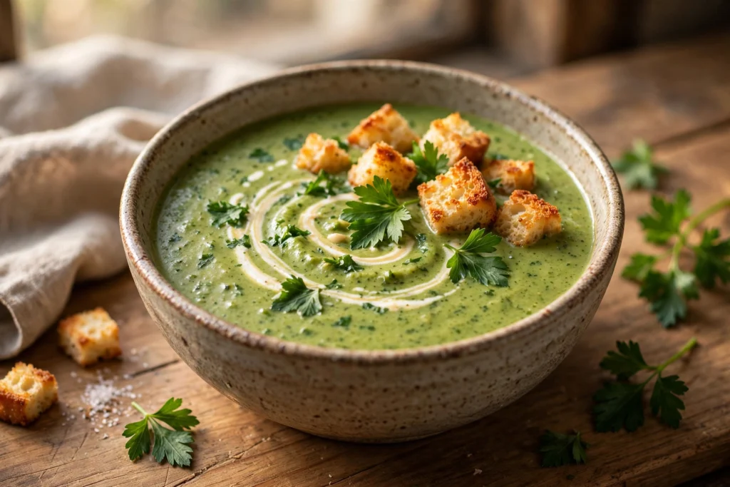 Petersilie Suppe Rezept – cremige grüne Petersiliensuppe mit Sahnehäubchen, Croûtons und frischer Petersilie in rustikaler Schale