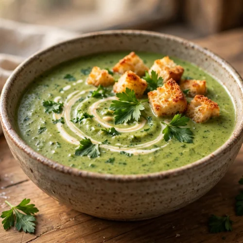 Petersilie Suppe Rezept – cremige grüne Petersiliensuppe mit Sahnehäubchen, Croûtons und frischer Petersilie in rustikaler Schale