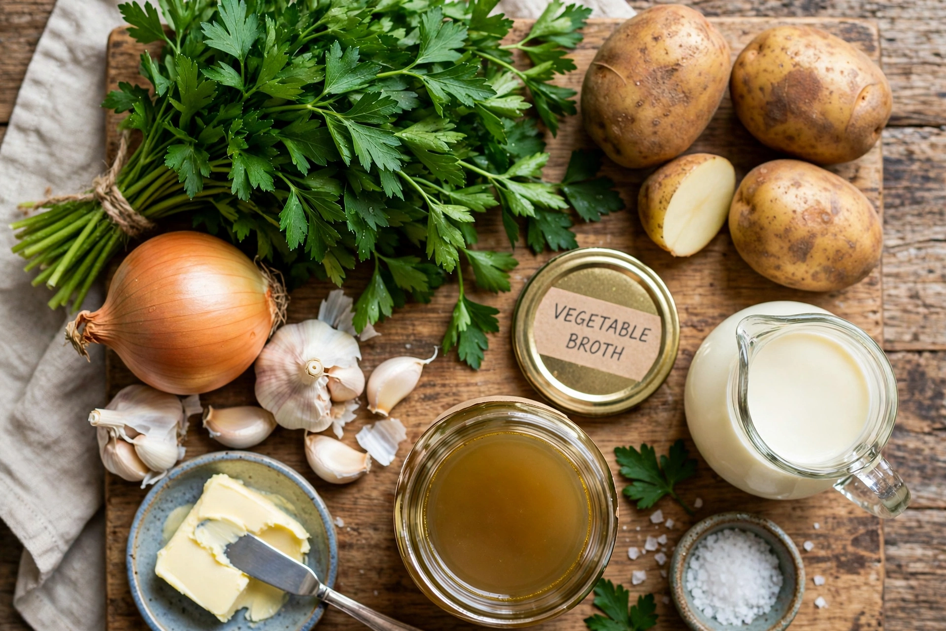 Petersilie Suppe Rezept – Zutaten im Überblick: frische Petersilie, Kartoffeln, Zwiebel, Knoblauch, Butter, Gemüsebrühe und Sahne
