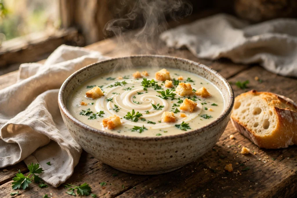 Petersilienwurzel Suppe Rezept – cremige Petersilienwurzelsuppe mit Sahneswirl, Croûtons und frischer Petersilie in rustikaler Schale