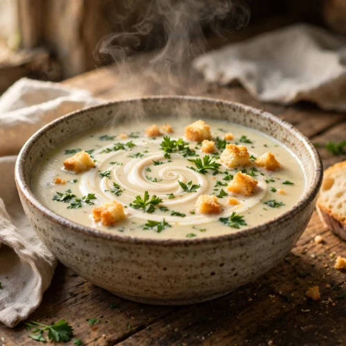 Petersilienwurzel Suppe Rezept – cremige Petersilienwurzelsuppe mit Sahneswirl, Croûtons und frischer Petersilie in rustikaler Schale