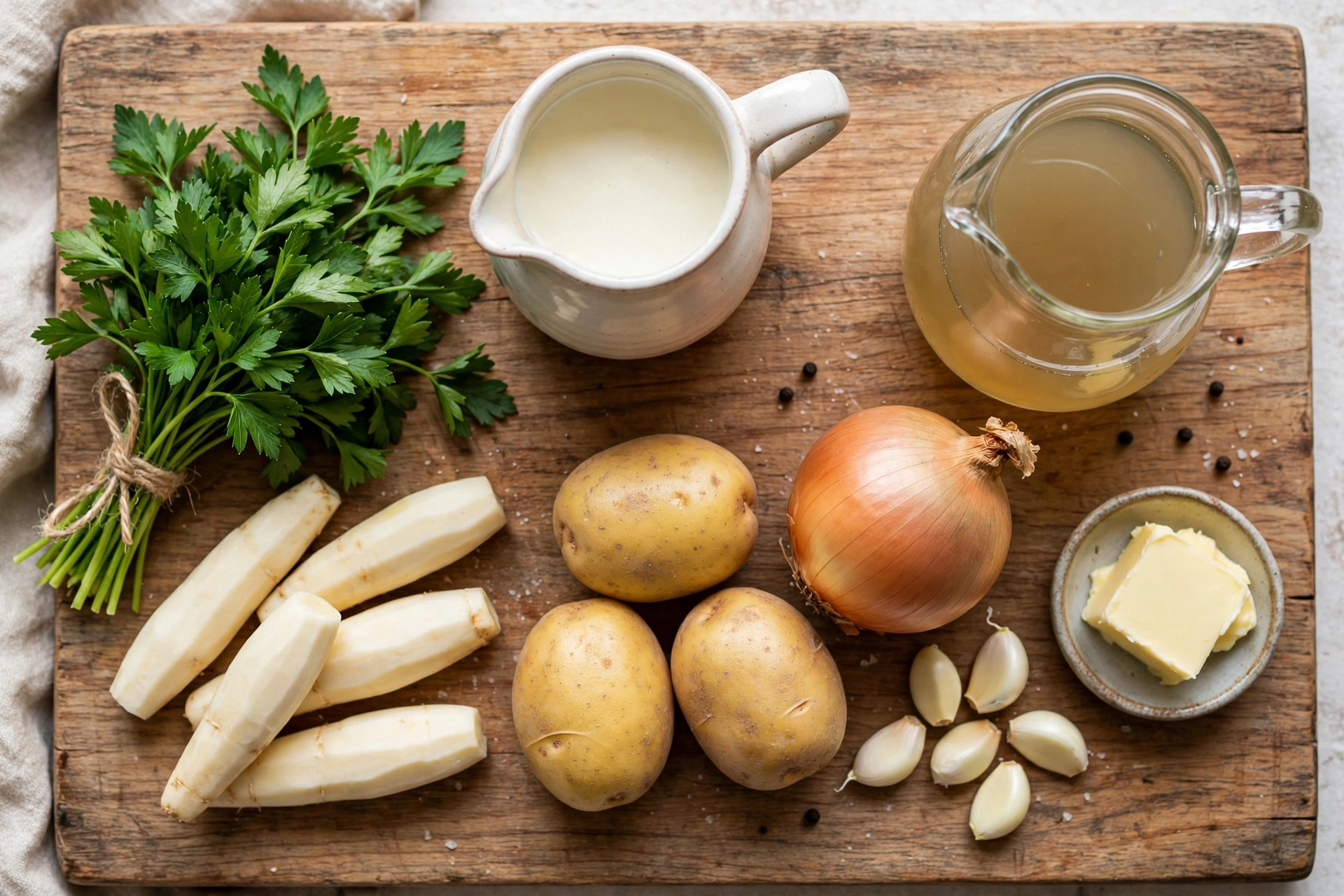 Petersilienwurzel Suppe Rezept – Zutaten im Überblick: Petersilienwurzeln, Kartoffeln, Zwiebel, Knoblauch, Butter, Gemüsebrühe und Sahne