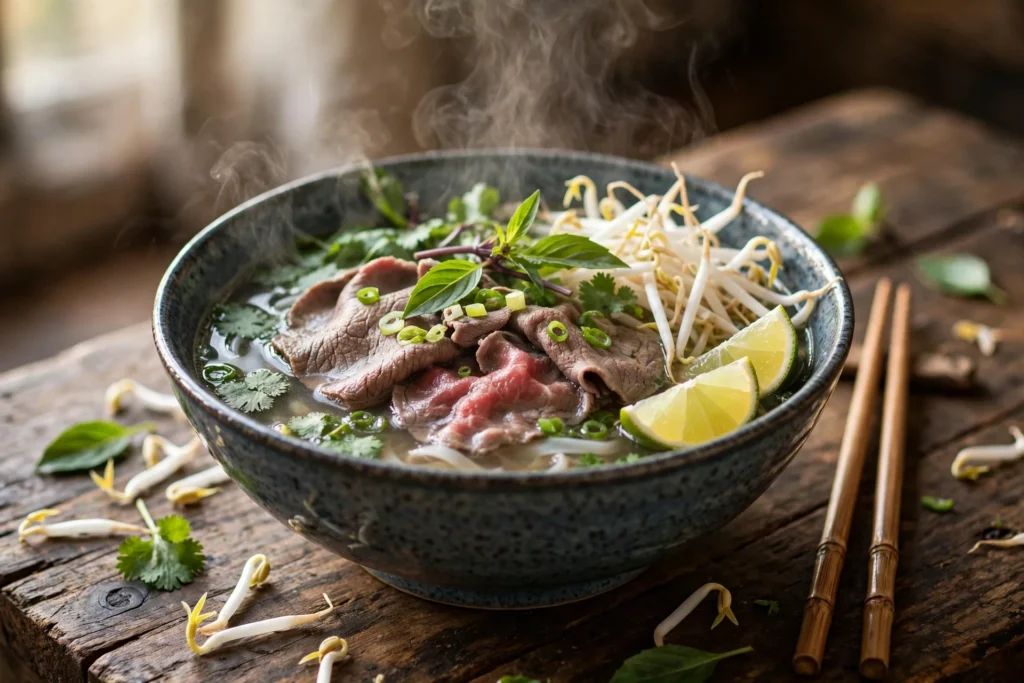 Pho Suppe Rezept – dampfende vietnamesische Pho mit Rindfleisch, Kräutern und Limette
