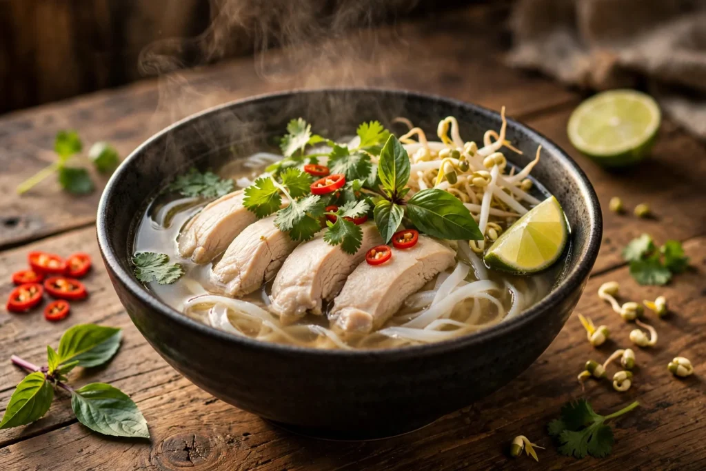 Pho Suppe Rezept Huhn – dampfende Hähnchen-Pho mit Reisnudeln, Kräutern, Sprossen und Limette in dunkler Schale