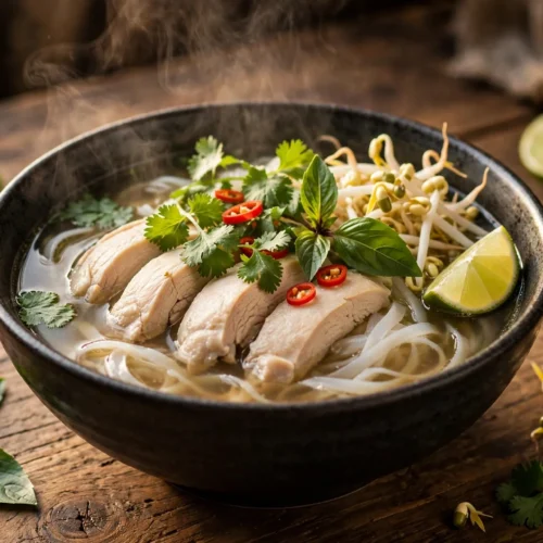 Pho Suppe Rezept Huhn – dampfende Hähnchen-Pho mit Reisnudeln, Kräutern, Sprossen und Limette in dunkler Schale