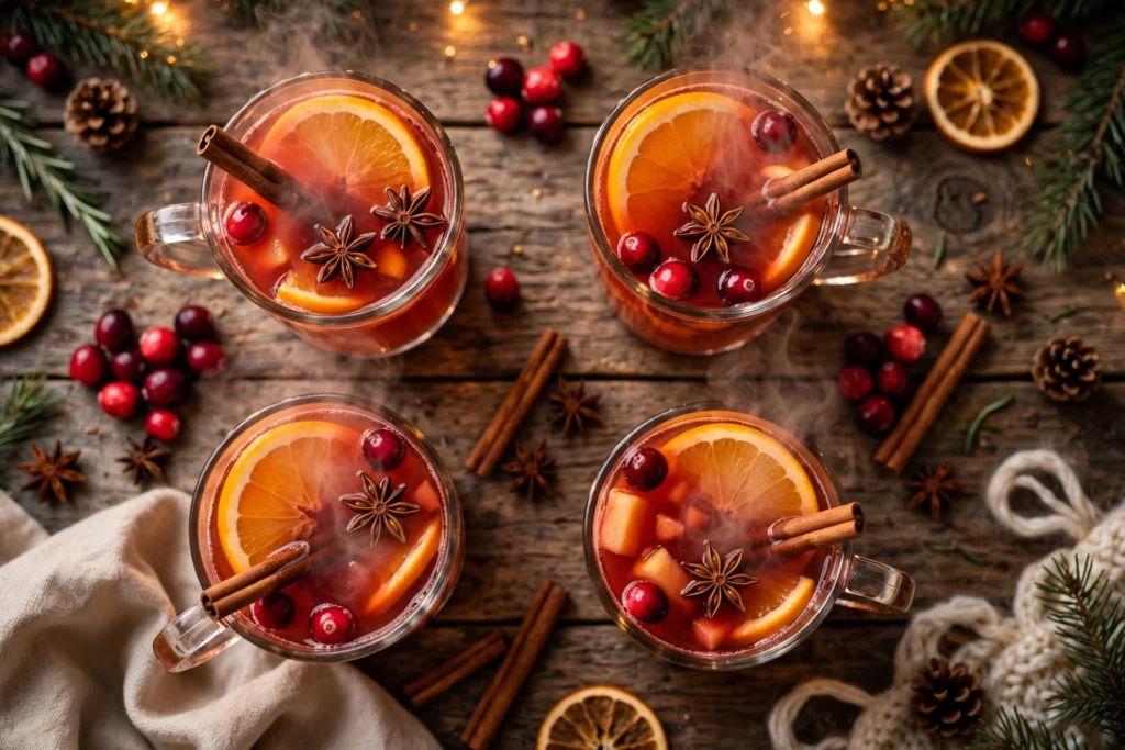 Punsch Rezept – heiße Punschgläser mit Orangenscheiben, Zimtstangen und Sternanis auf Holztisch
