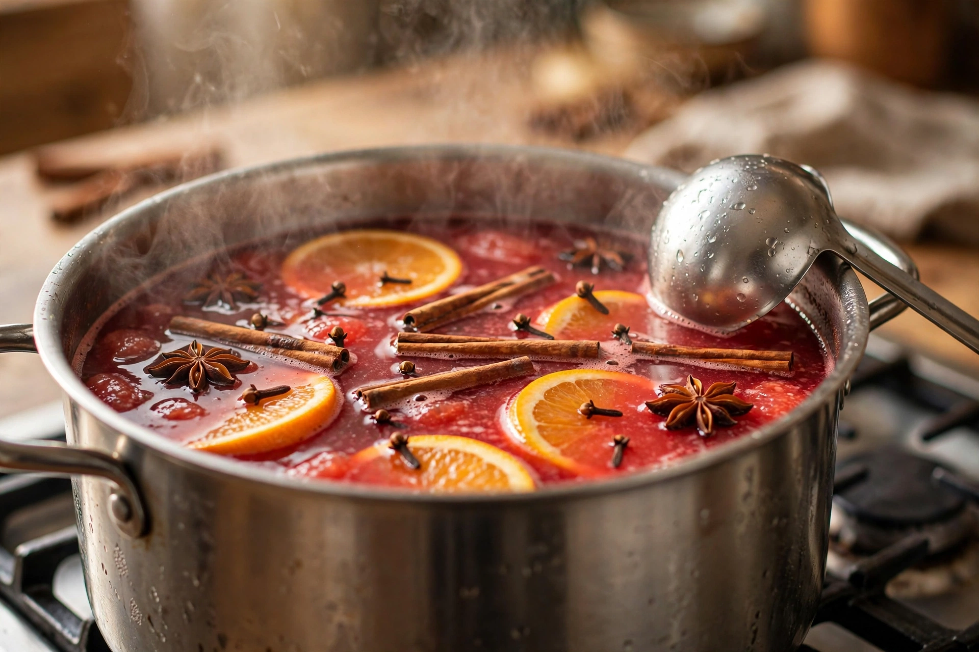 Punsch Rezept – Zubereitung von heißem Punsch im Topf mit Orangenscheiben, Zimtstangen und Sternanis