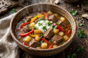 Puszta Suppe Rezept – deftige ungarische Suppe mit Rindfleisch, Paprika und Kartoffeln in rustikaler Schale
