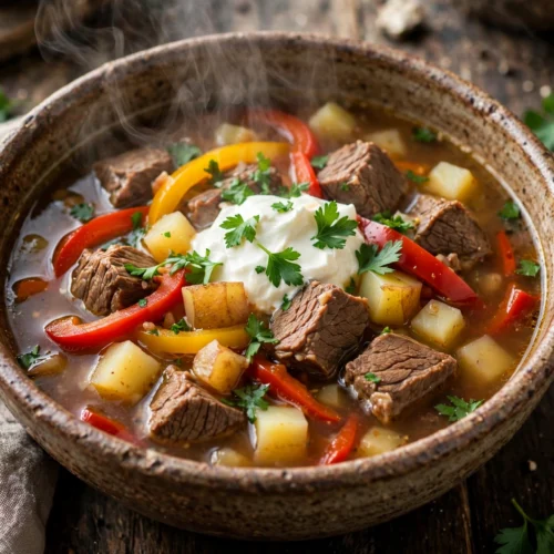 Puszta Suppe Rezept – deftige ungarische Suppe mit Rindfleisch, Paprika und Kartoffeln in rustikaler Schale