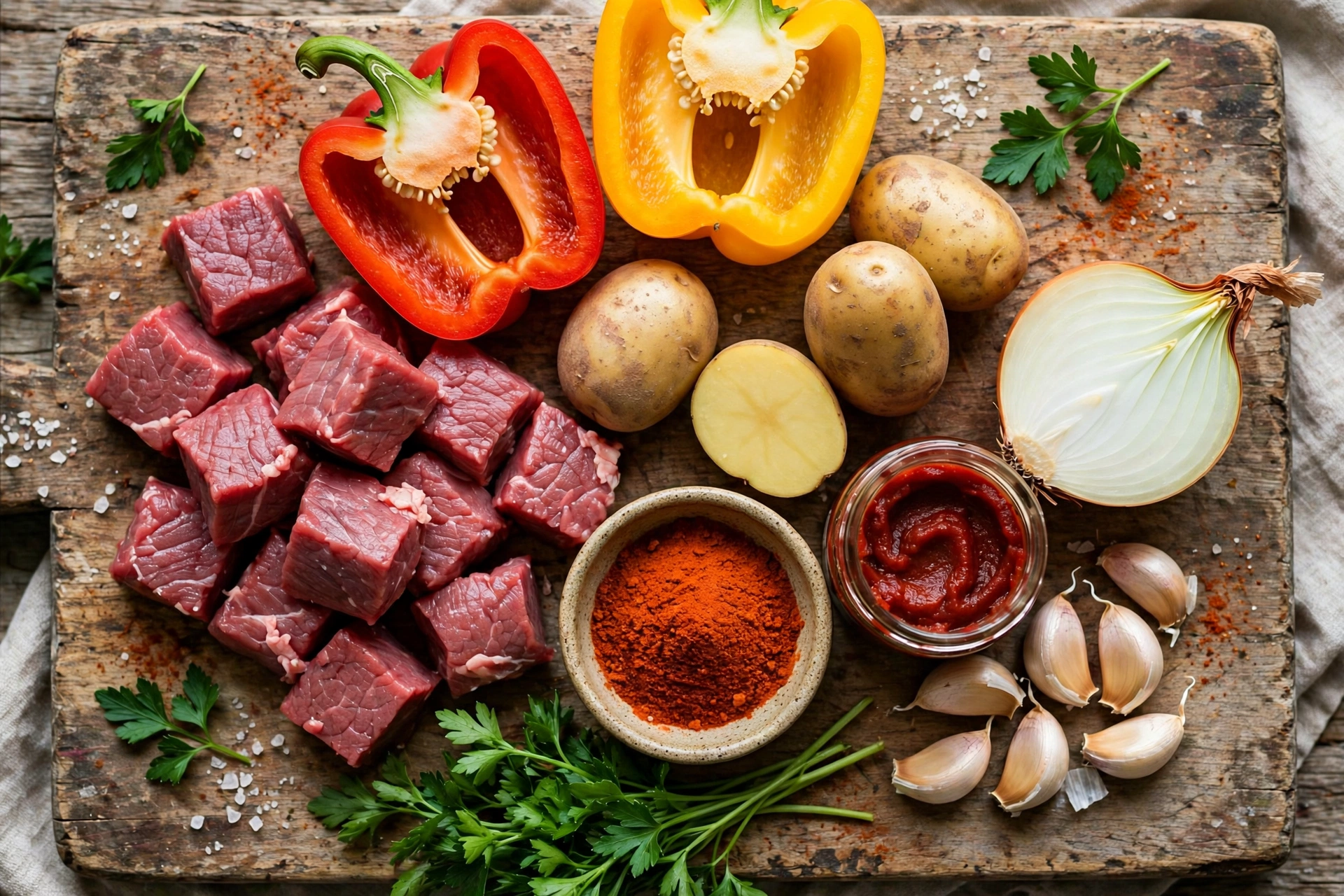 Puszta Suppe Rezept – Zutaten im Überblick: Rindfleisch, Paprika, Kartoffeln, Zwiebeln und Paprikapulver auf einem Holzbrett