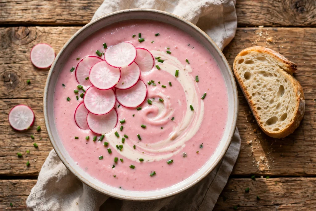 Radieschen Suppe Rezept – Cremige rosafarbene Radieschensuppe mit Radieschenscheiben, Schnittlauch und Sahnehäubchen in einer Schale