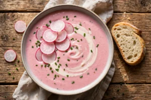 Radieschen Suppe Rezept – Cremige rosafarbene Radieschensuppe mit Radieschenscheiben, Schnittlauch und Sahnehäubchen in einer Schale