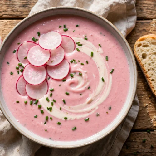 Radieschen Suppe Rezept – Cremige rosafarbene Radieschensuppe mit Radieschenscheiben, Schnittlauch und Sahnehäubchen in einer Schale