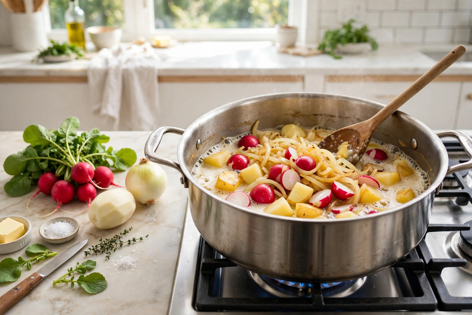 Radieschen Suppe Rezept – Zubereitung: Frische Radieschen, Kartoffel, Zwiebel und Butter werden im Topf angedünstet