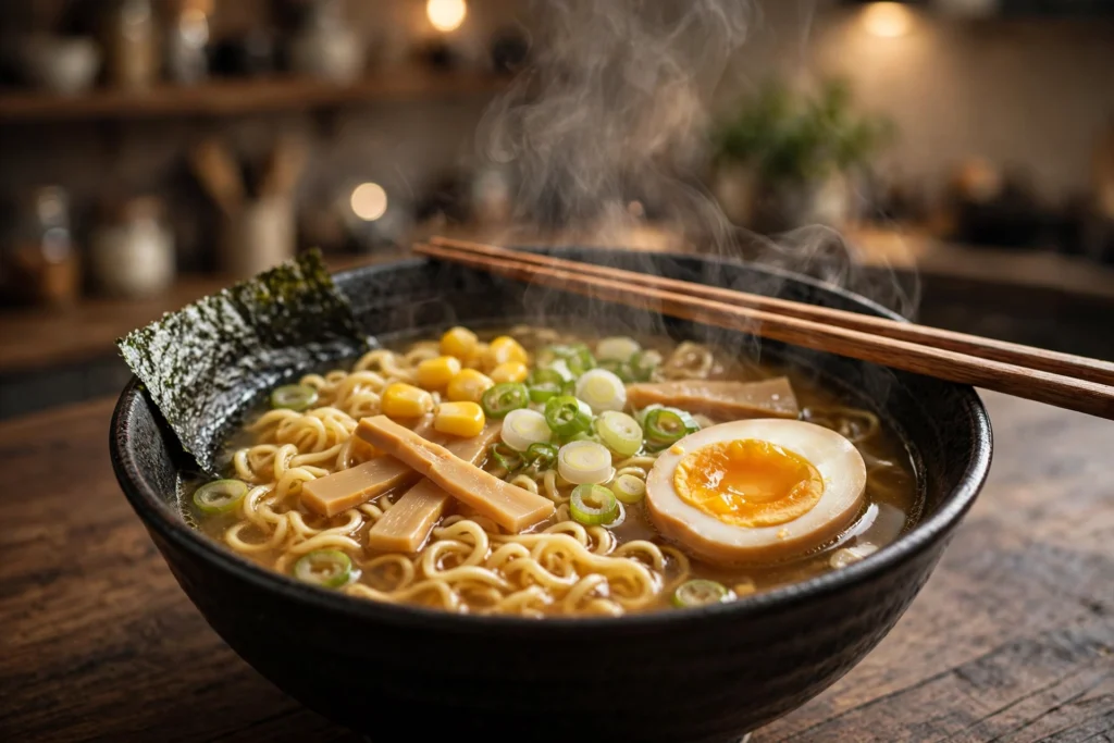 Ramen Suppe Rezept – dampfende Ramenschüssel mit Nudeln, wachsweichem Ei, Mais, Bambus und Frühlingszwiebeln