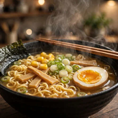 Ramen Suppe Rezept – dampfende Ramenschüssel mit Nudeln, wachsweichem Ei, Mais, Bambus und Frühlingszwiebeln