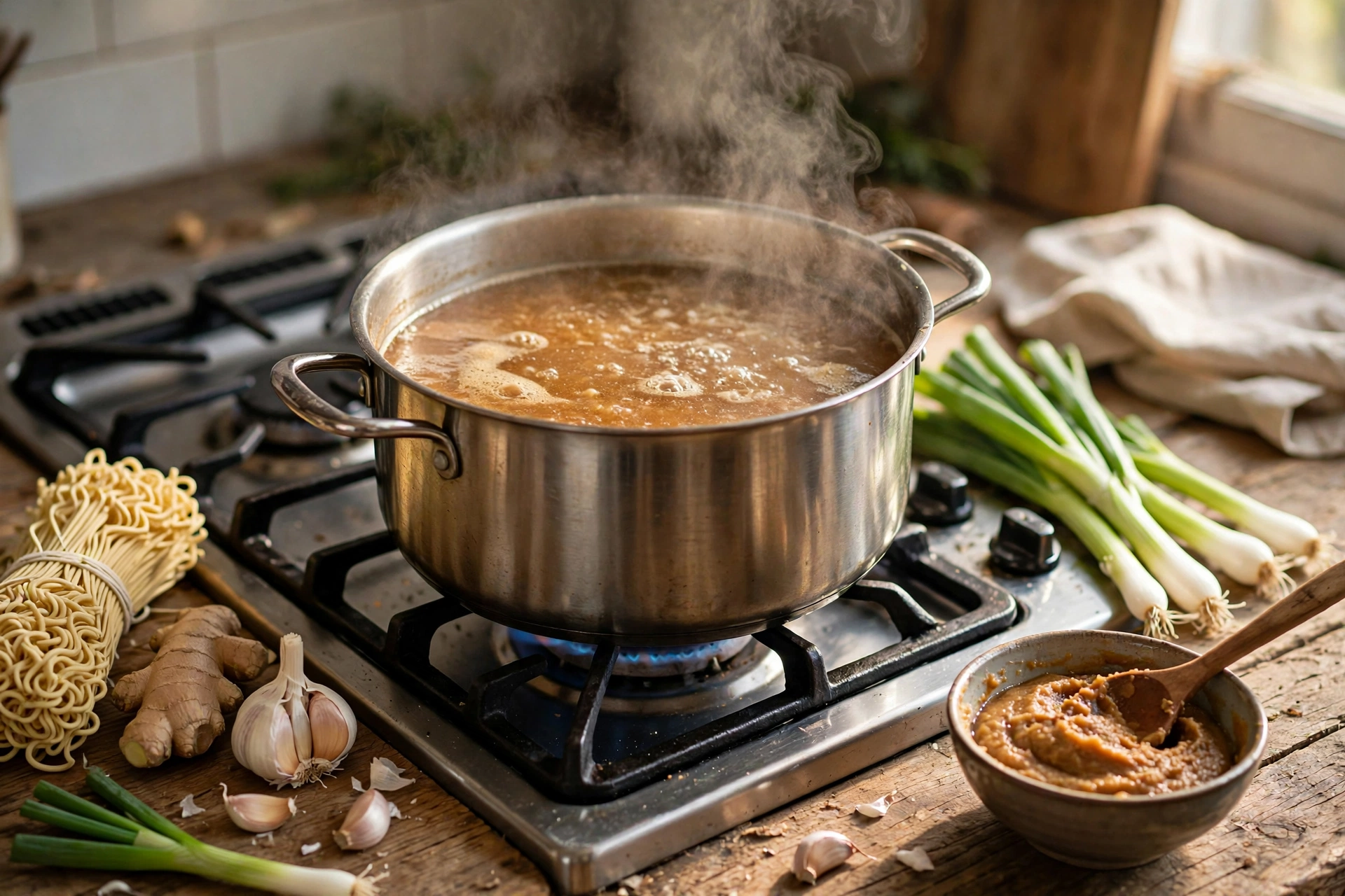 Ramen Suppe Rezept – köchelnde Brühe im Topf mit Ramen-Nudeln, Ingwer, Knoblauch und Misopaste