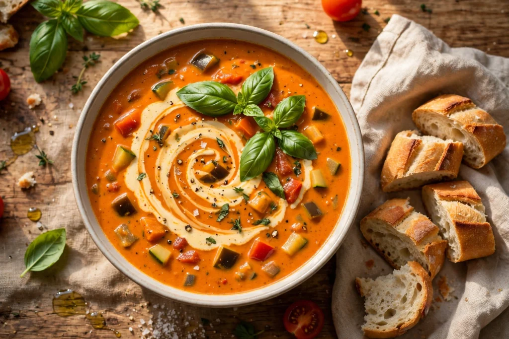 Ratatouille Suppe Rezept – cremige Ratatouille-Suppe in der Schale mit Basilikum und Sahnehäubchen