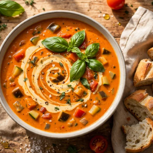 Ratatouille Suppe Rezept – cremige Ratatouille-Suppe in der Schale mit Basilikum und Sahnehäubchen