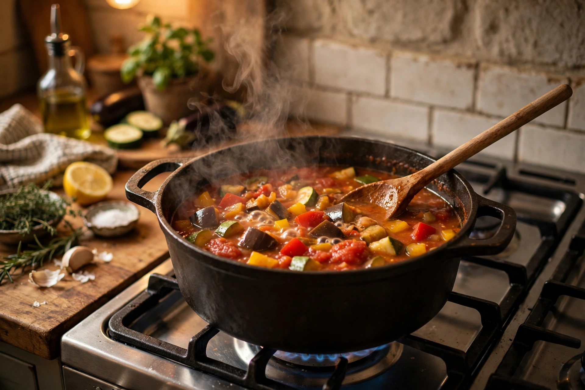 Ratatouille Suppe Rezept – köchelnder Topf mit Aubergine, Zucchini, Paprika und Tomaten