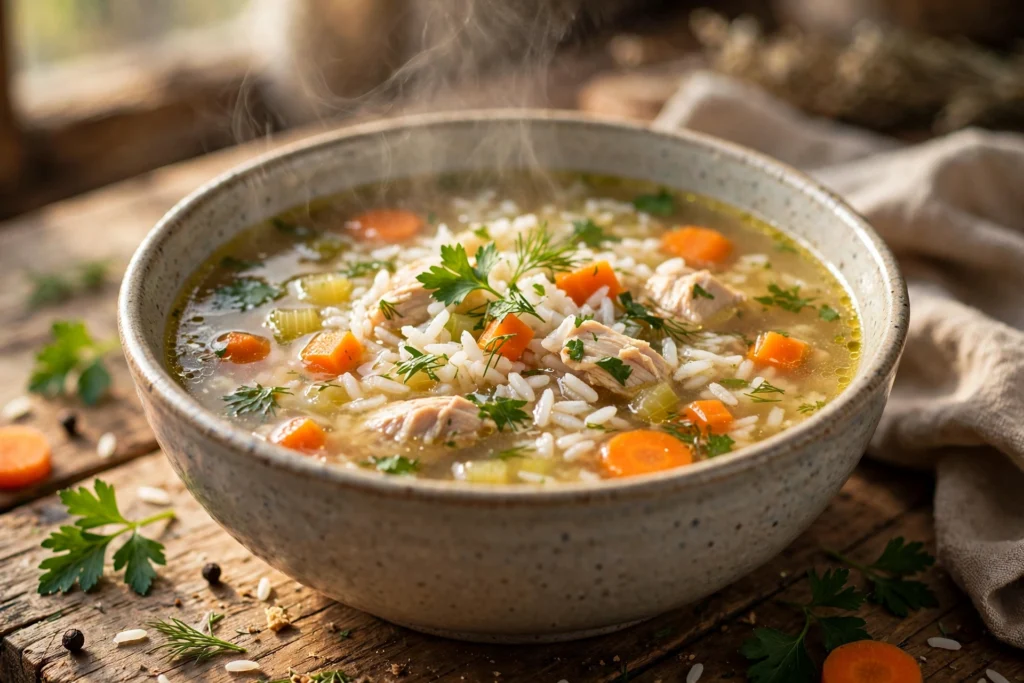Reis Suppe Rezept – dampfende Reissuppe mit Hähnchen, Karotten und Petersilie in einer Schüssel auf Holztisch