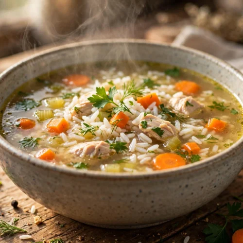 Reis Suppe Rezept – dampfende Reissuppe mit Hähnchen, Karotten und Petersilie in einer Schüssel auf Holztisch