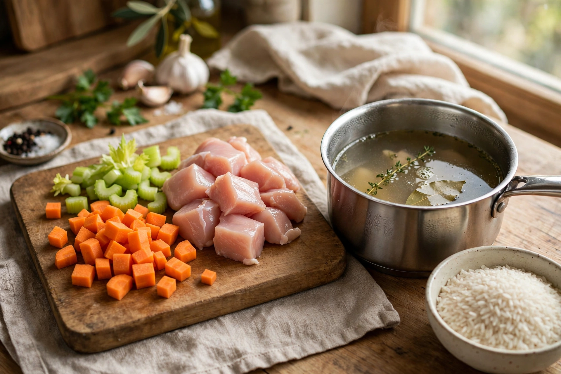 Reis Suppe Rezept – Zubereitung: Karotten, Sellerie und Hähnchenbrust werden geschnitten, Reis und Brühe stehen bereit