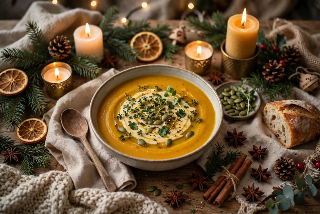 rezept suppe weihnachten – Festliche Weihnachtssuppe mit Kerzen und Tannenzweigen auf dem Tisch