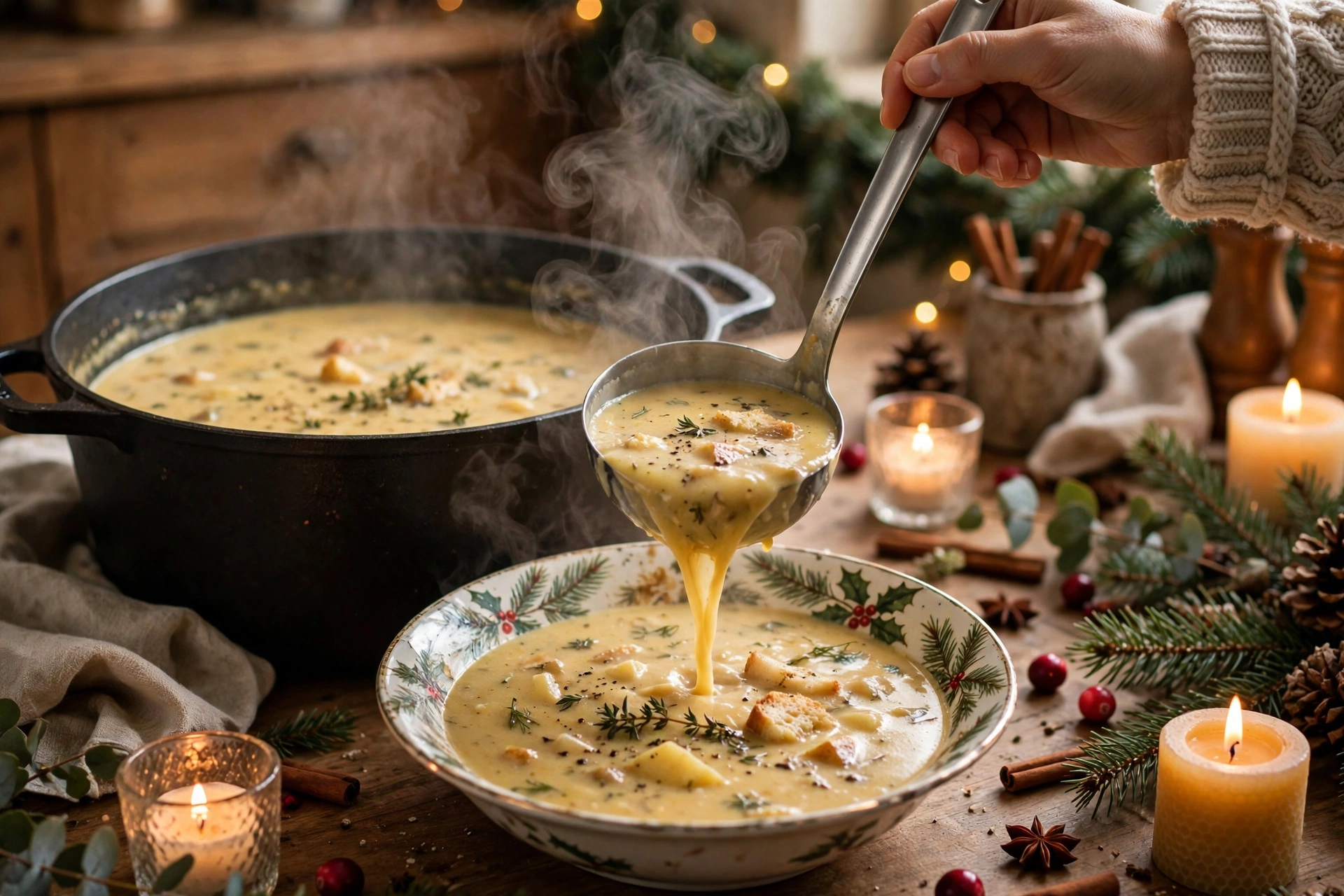 rezept suppe weihnachten – Cremige Suppe wird aus dem Topf in eine festliche Schale geschöpft