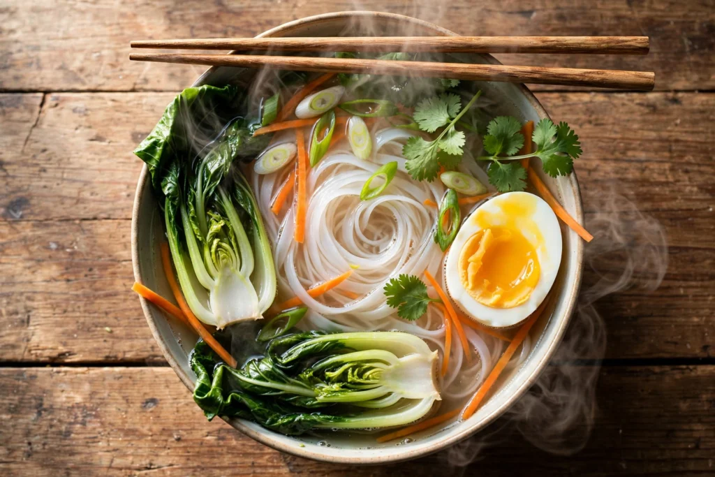 Rice Noodles Rezept Suppe – dampfende Schüssel mit Reisnudeln, Pak Choi, Karotten, wachsweichem Ei und Koriander
