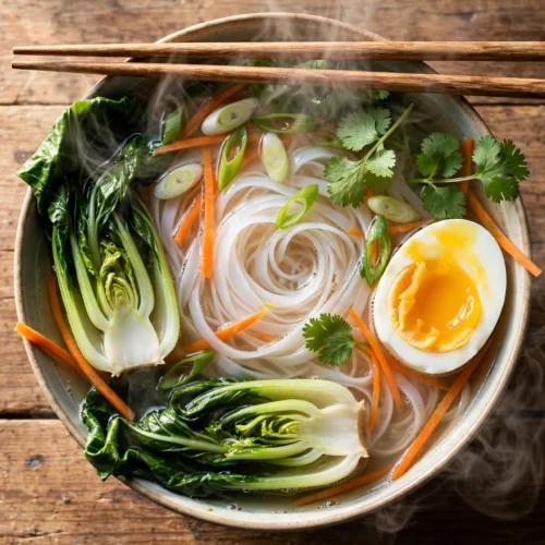 Rice Noodles Rezept Suppe – dampfende Schüssel mit Reisnudeln, Pak Choi, Karotten, wachsweichem Ei und Koriander