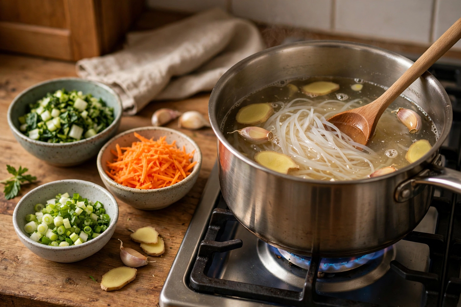 Rice Noodles Rezept Suppe – köchelnde Brühe im Topf mit Ingwer, Knoblauch und Reisnudeln