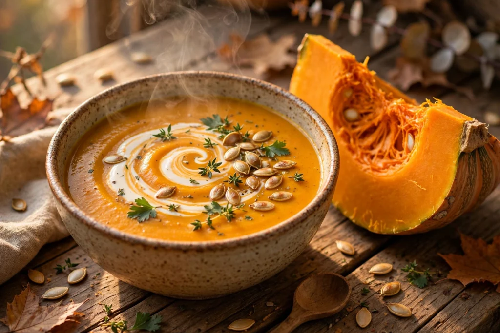 Riesenkürbis Suppe Rezept – cremige Kürbissuppe mit Sahneswirl, gerösteten Kürbiskernen und Kräutern in rustikaler Schale