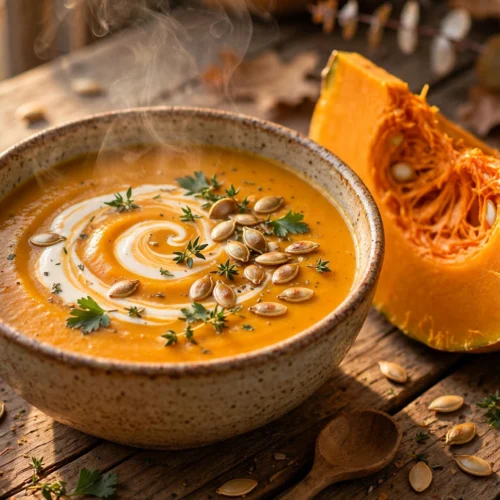 Riesenkürbis Suppe Rezept – cremige Kürbissuppe mit Sahneswirl, gerösteten Kürbiskernen und Kräutern in rustikaler Schale