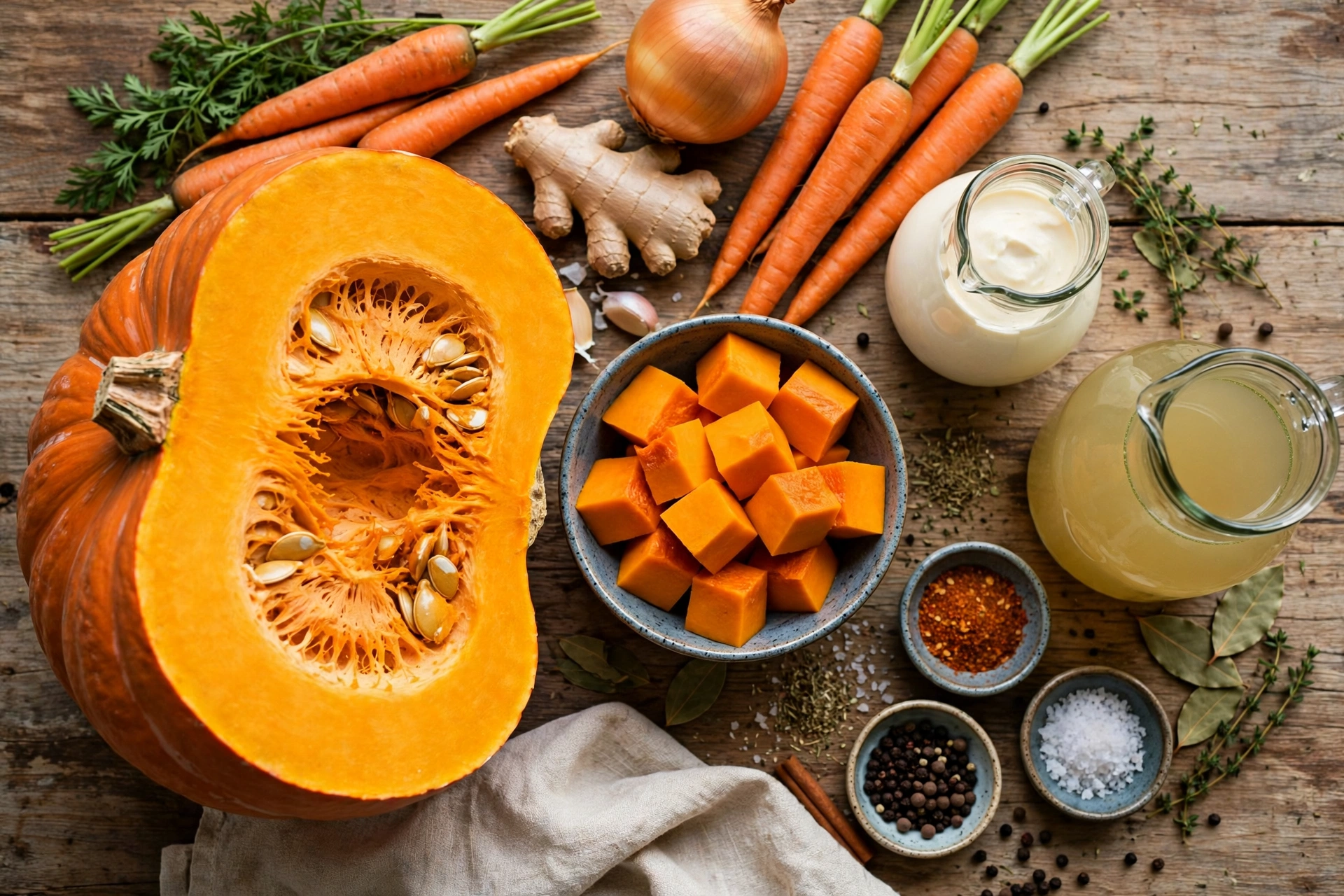 Riesenkürbis Suppe Rezept – Zutaten im Überblick: halbierter Riesenkürbis, Kürbiswürfel, Karotten, Zwiebel, Ingwer, Sahne und Gewürze auf einem Holztisch