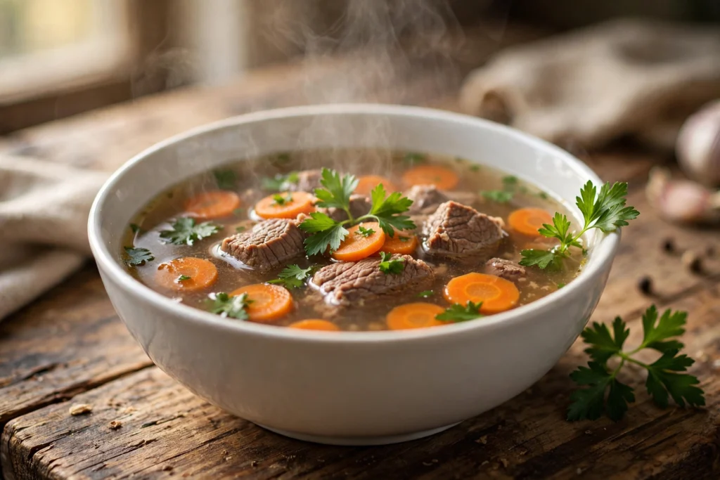 Rinderbrühe Suppe Rezept – dampfende Schüssel klare Rinderbrühe mit Rindfleisch, Karotten und Petersilie