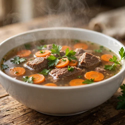 Rinderbrühe Suppe Rezept – dampfende Schüssel klare Rinderbrühe mit Rindfleisch, Karotten und Petersilie