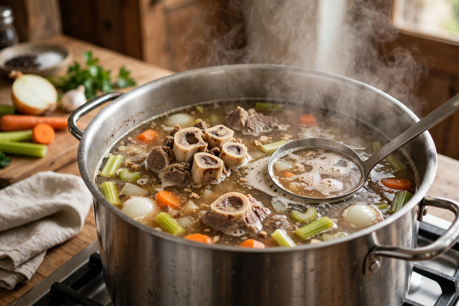 Rinderbrühe Suppe Rezept – Rindfleisch und Gemüse simmern im Topf, Schaum wird mit der Kelle abgeschöpft