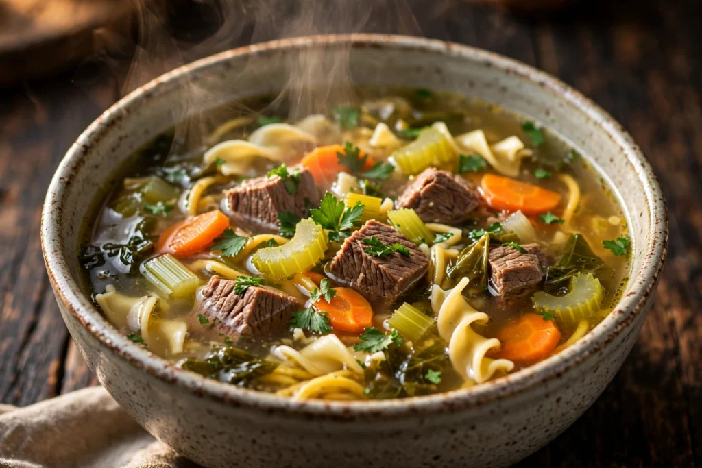Rindfleisch Suppe Rezept – dampfende Schüssel klassische Rindfleischsuppe mit zartem Rindfleisch, Karotten, Sellerie und Nudeln